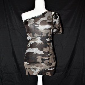 Camo Print One Shoulder Shirt with Zipper